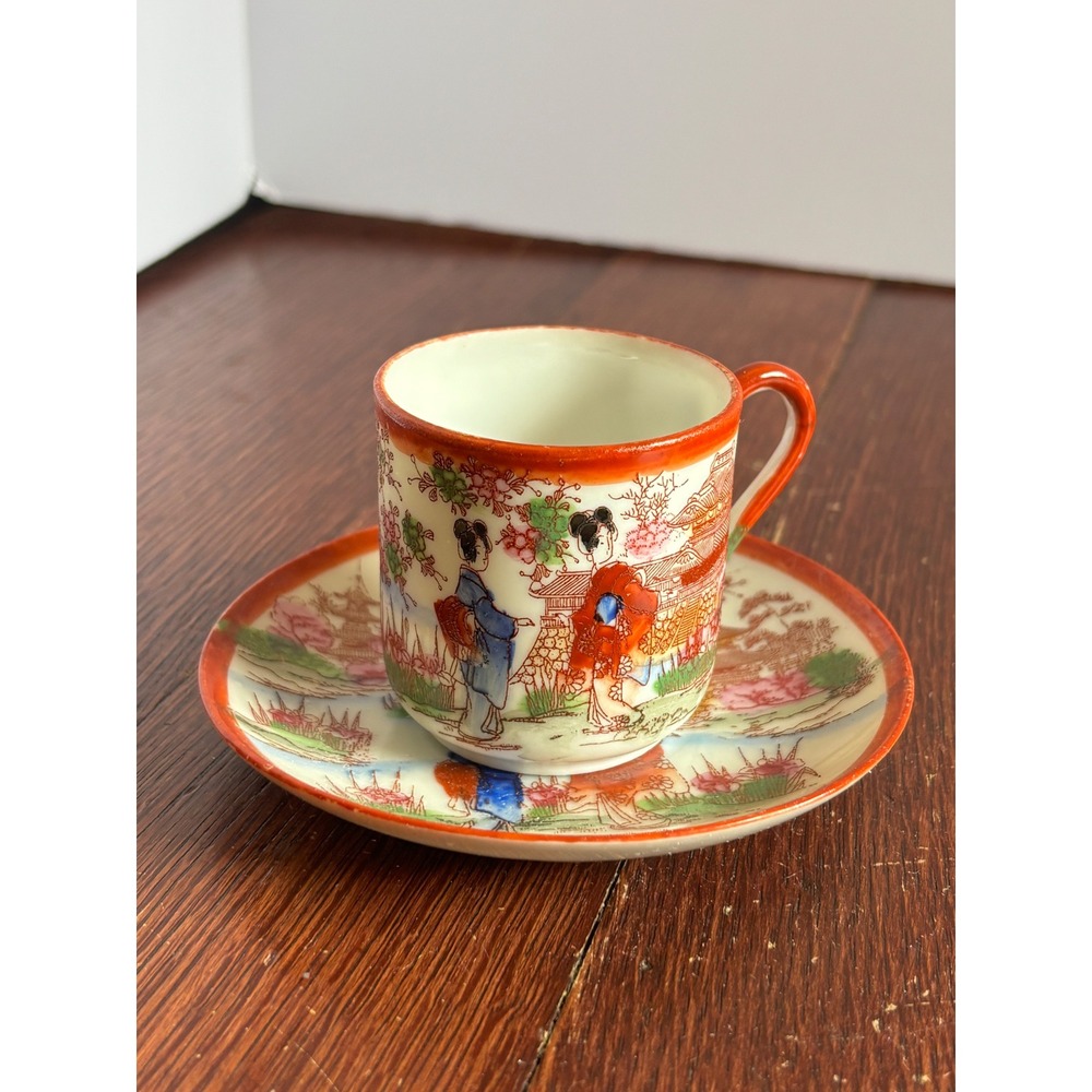 Vintage Japanese Kutani Demitasse Cup Saucer Scenic Figures Red Trim Signed
